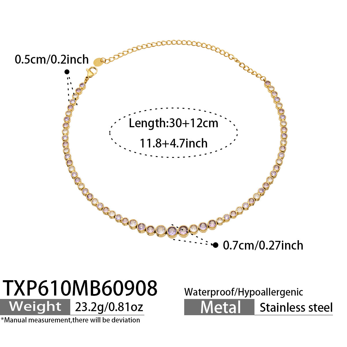 TXP610 purple zircon gold-tone necklace size details, 30+12 cm