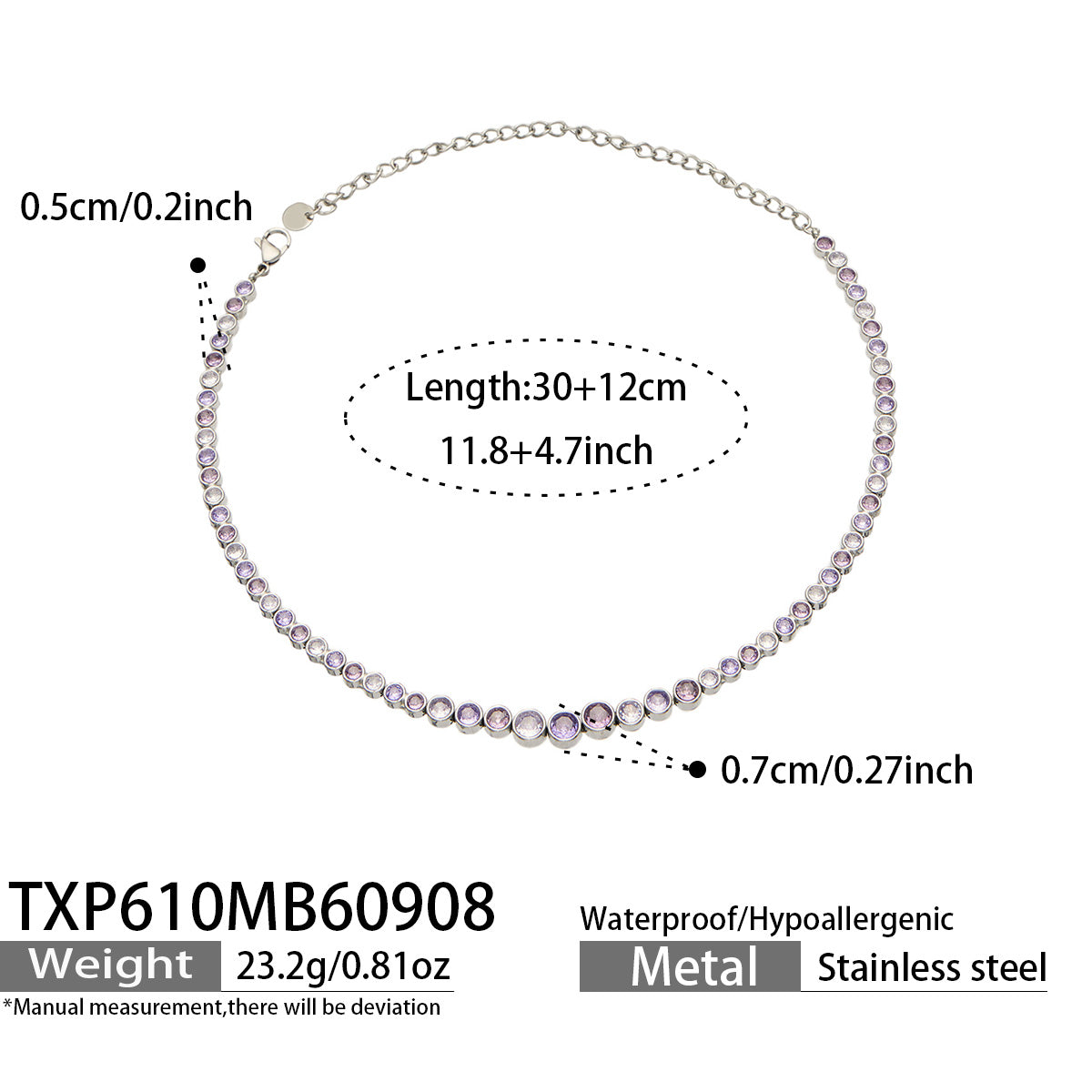 TXP610 purple zircon steel-tone necklace size details, 30+12 cm