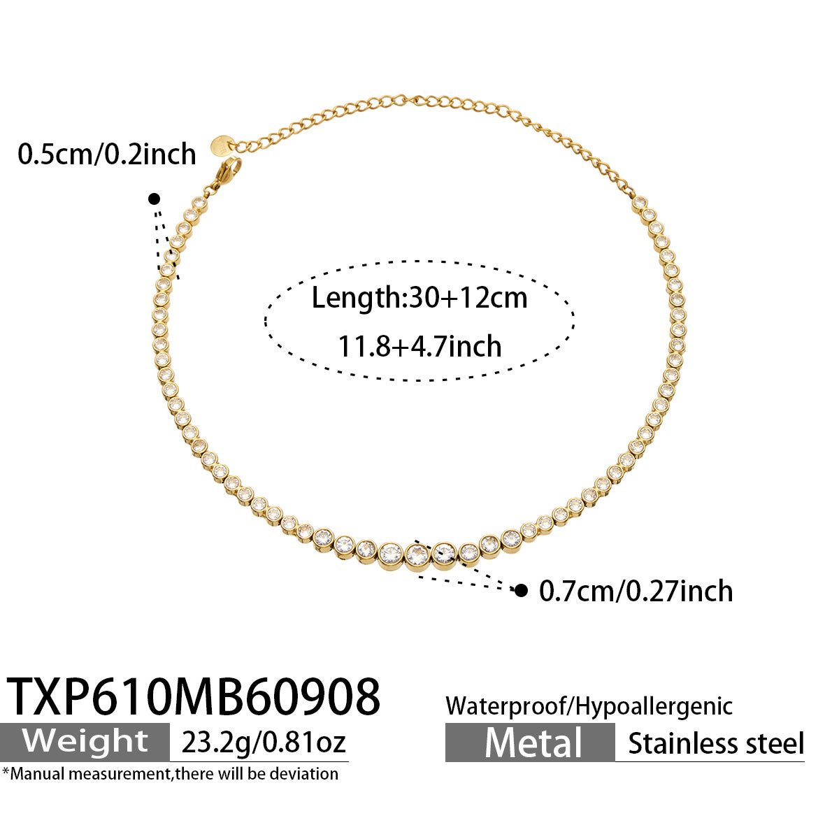 TXP610 white zircon gold-tone necklace size details, 30+12 cm