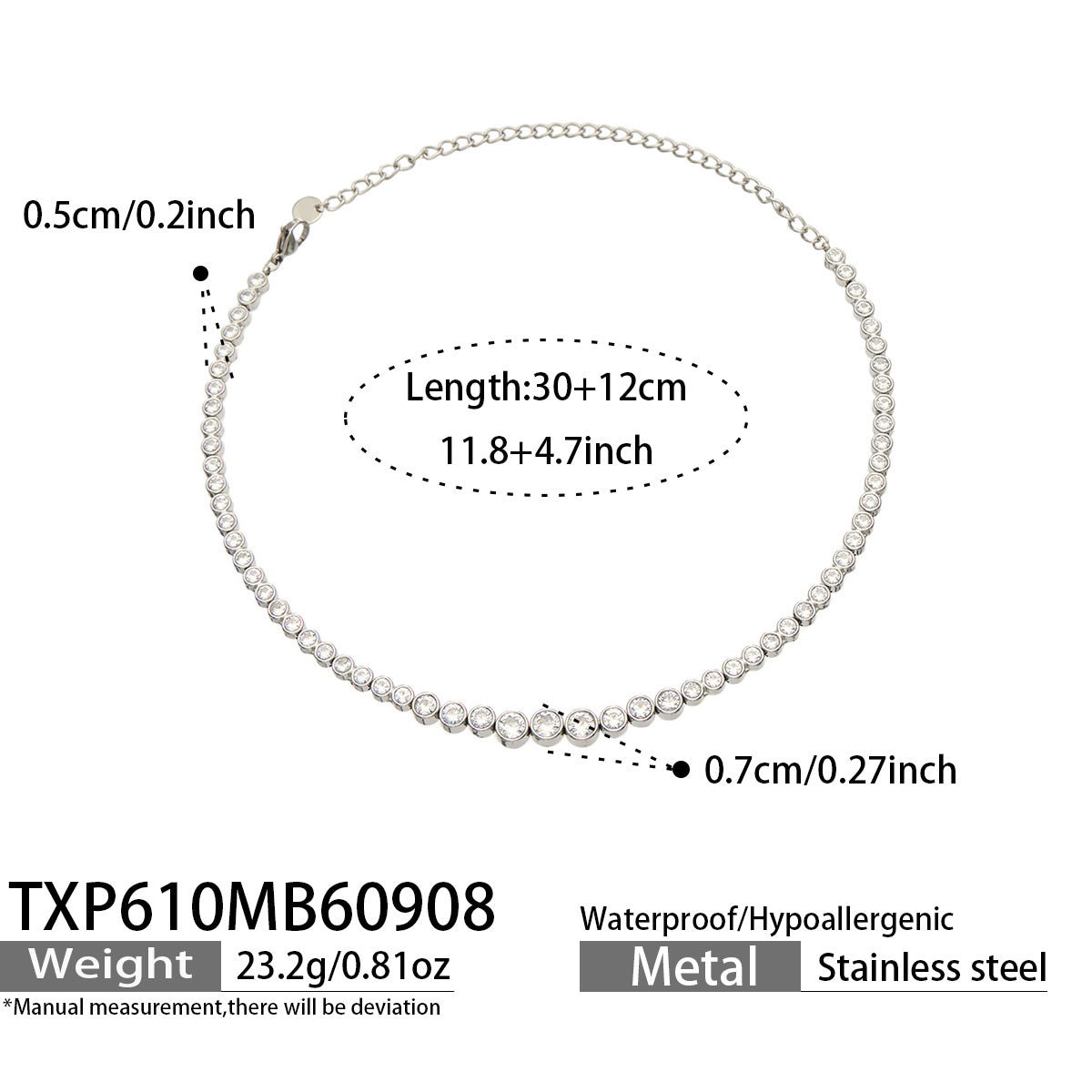 TXP610 white zircon steel-tone necklace size details, 30+12 cm