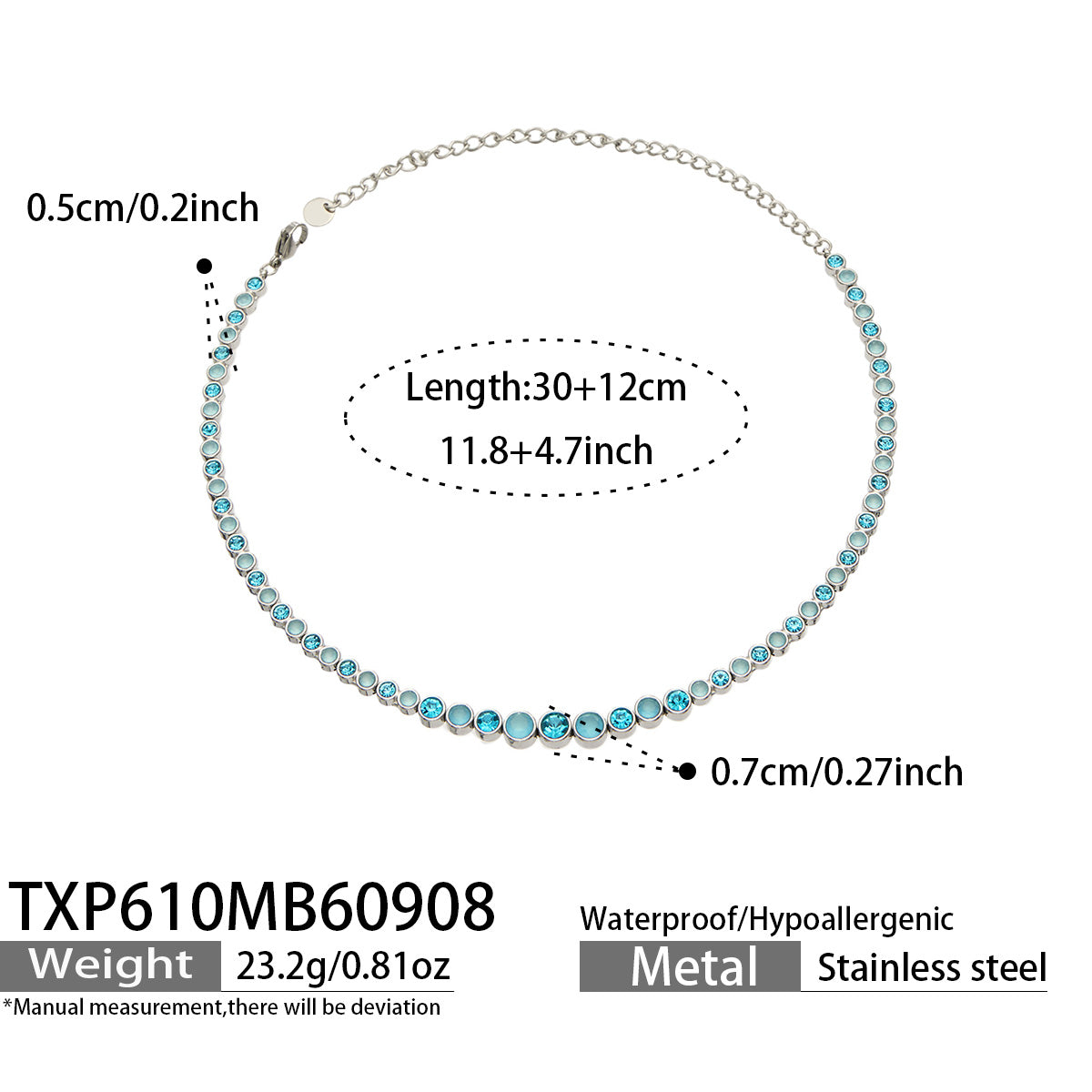 TXP610A005 blue zircon steel-tone necklace, 30+12 cm, size details