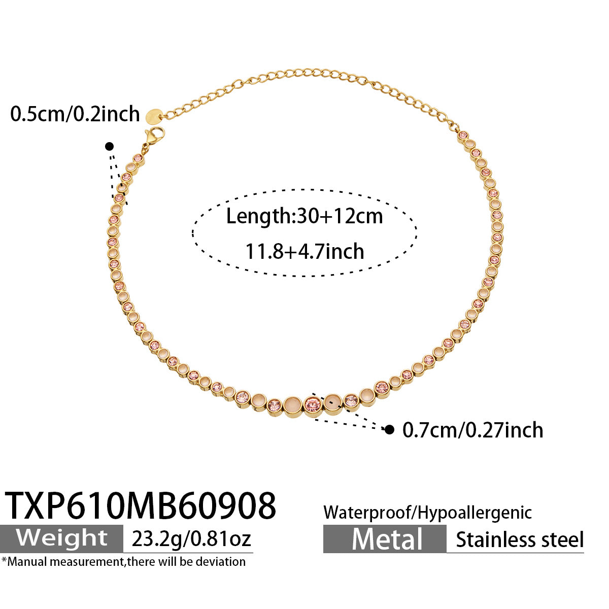 TXP610B006 pink zircon gold-tone necklace, 30+12 cm, size details