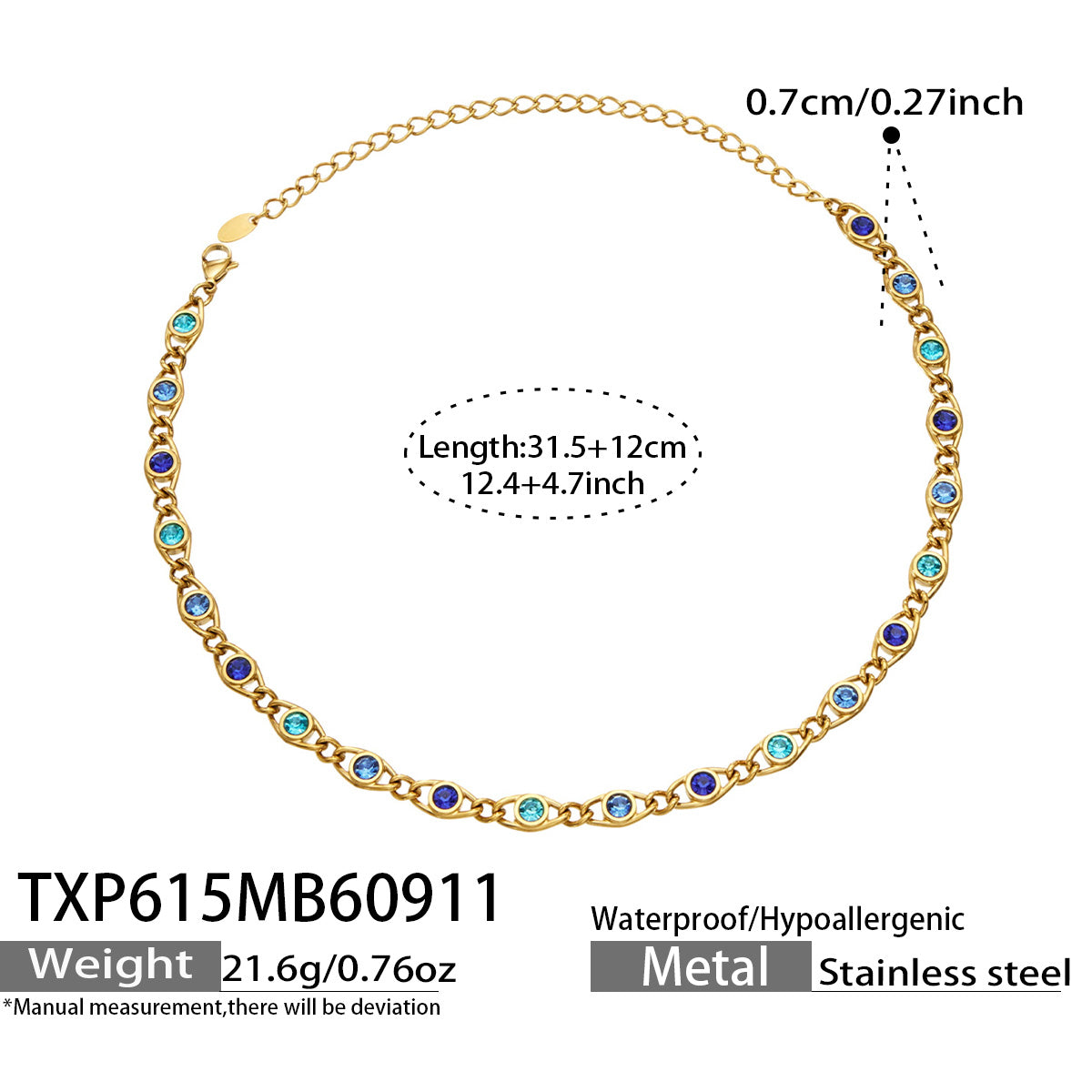 TXP615 blue zircon gold necklace size details