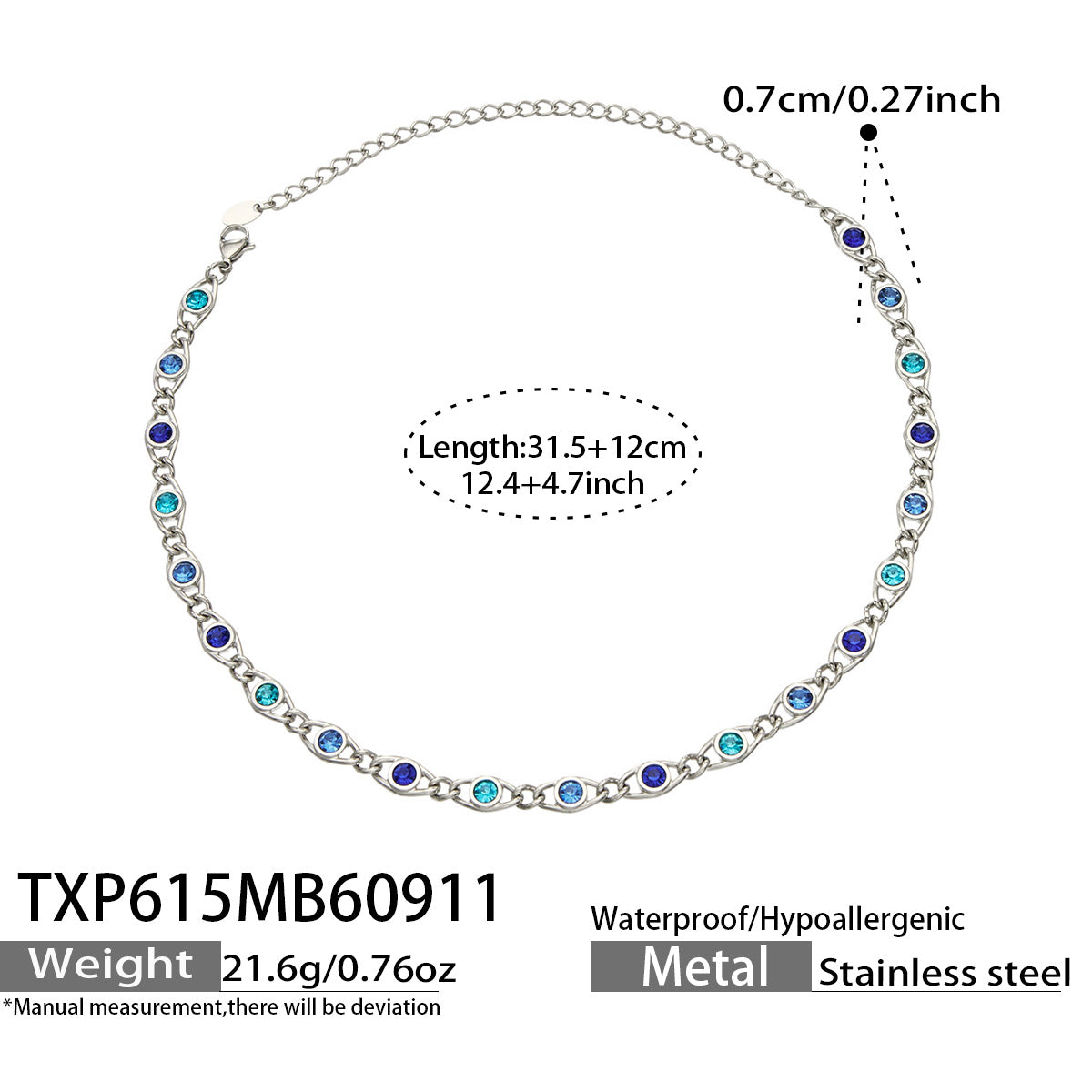 TXP615 blue zircon steel necklace size details