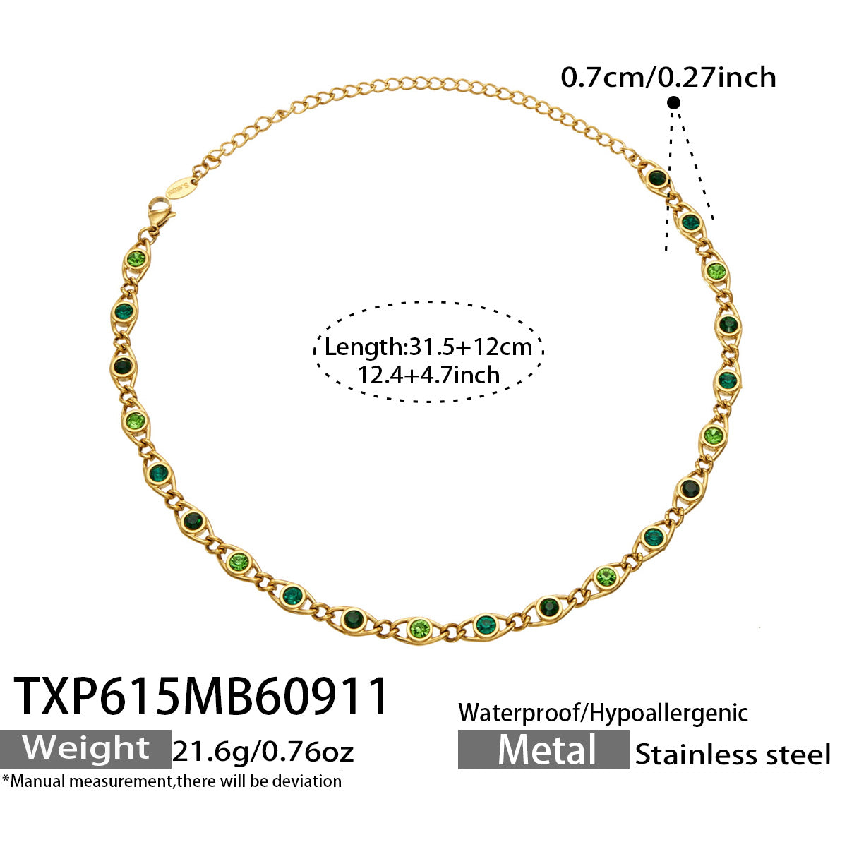 TXP615 green zircon gold necklace size details