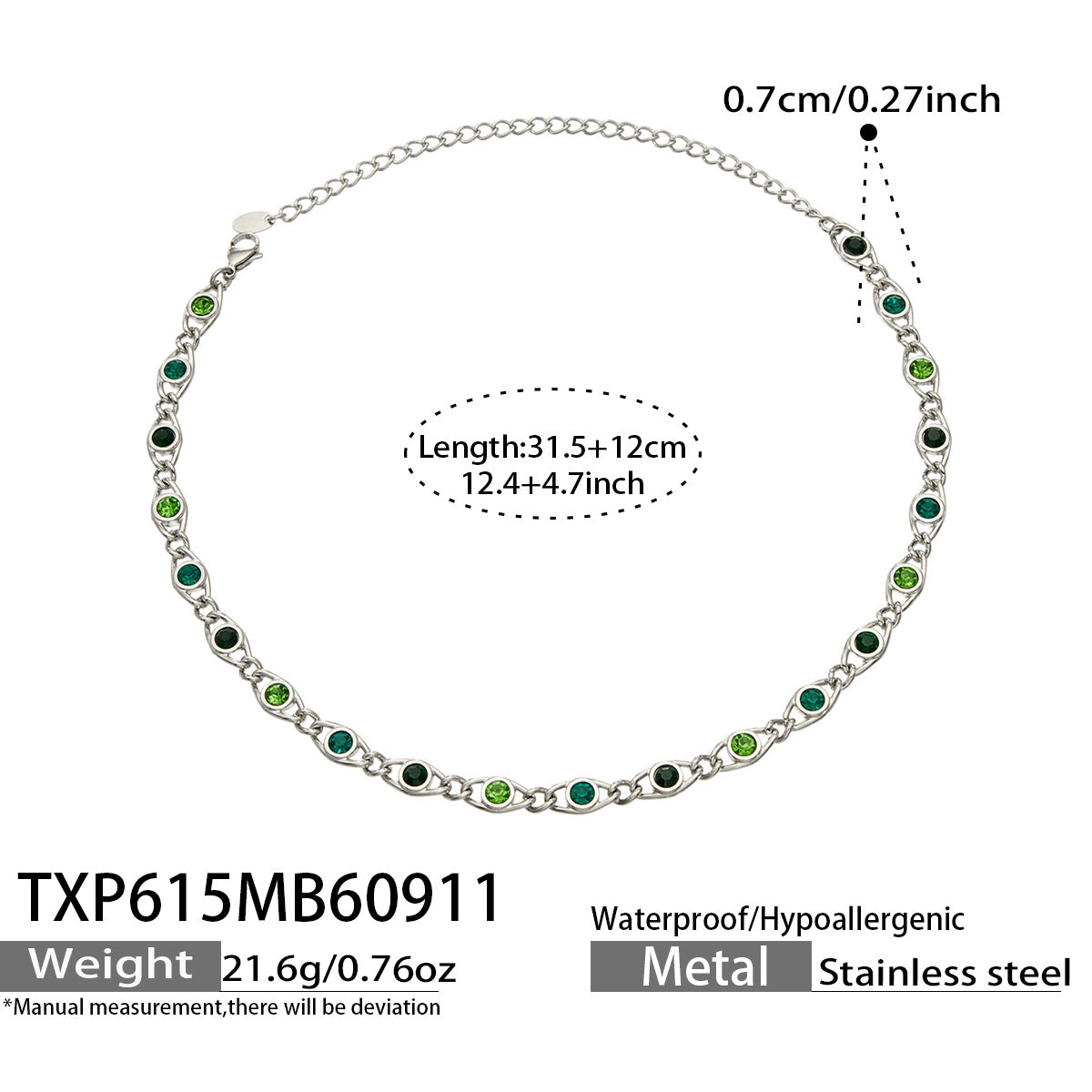 TXP615 green zircon steel necklace size details