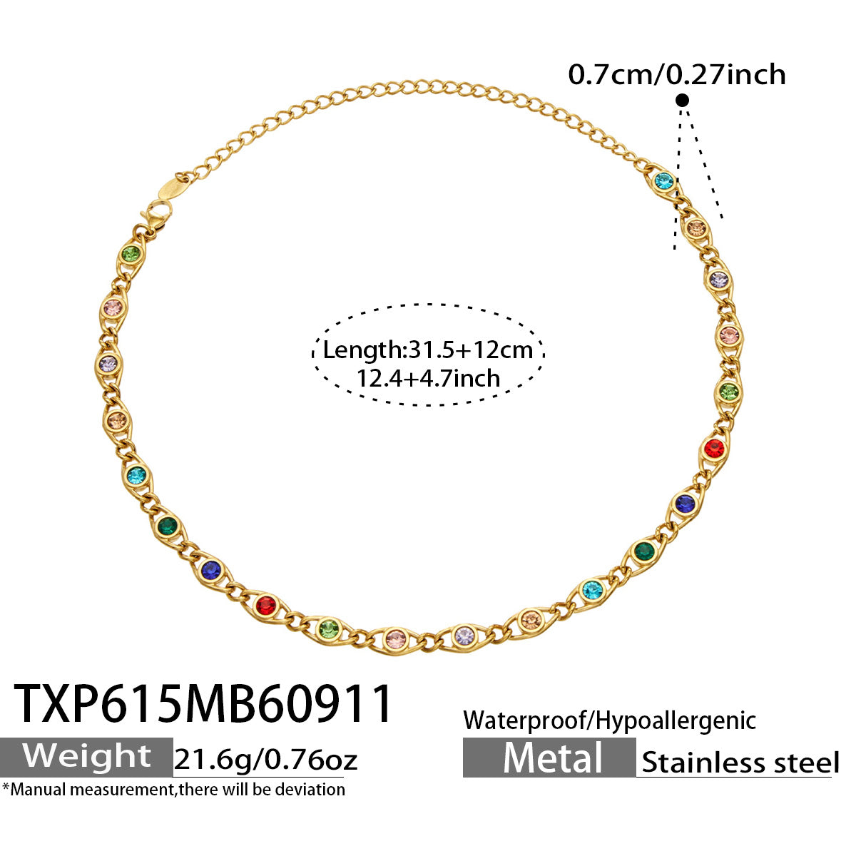 TXP615 multicolor zircon gold necklace size details