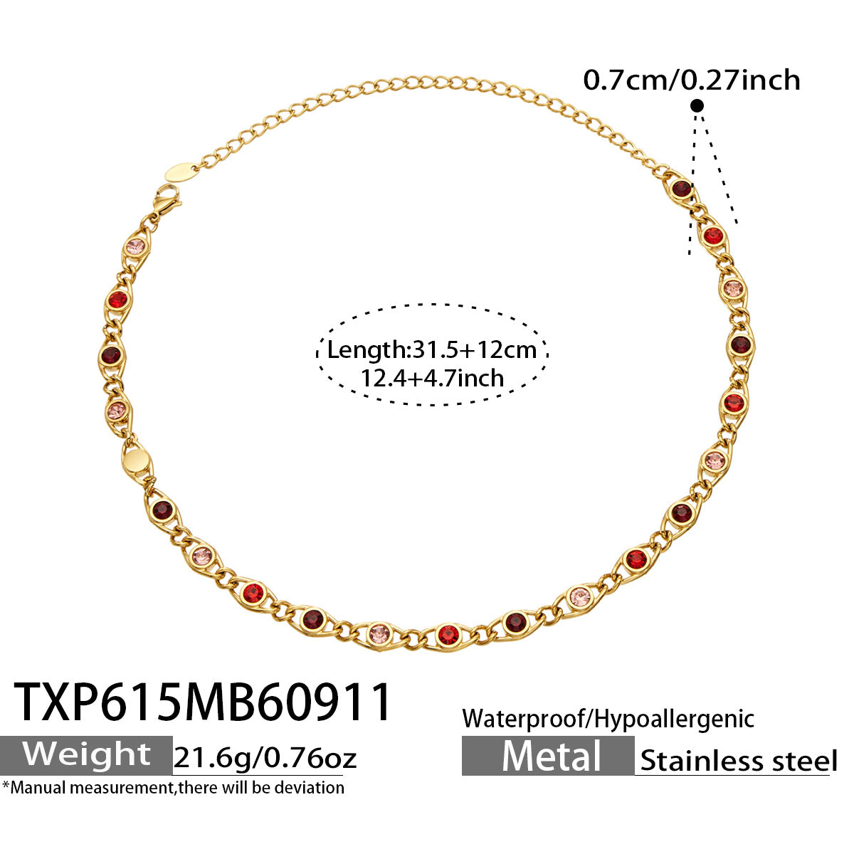 TXP615 red zircon gold necklace size details