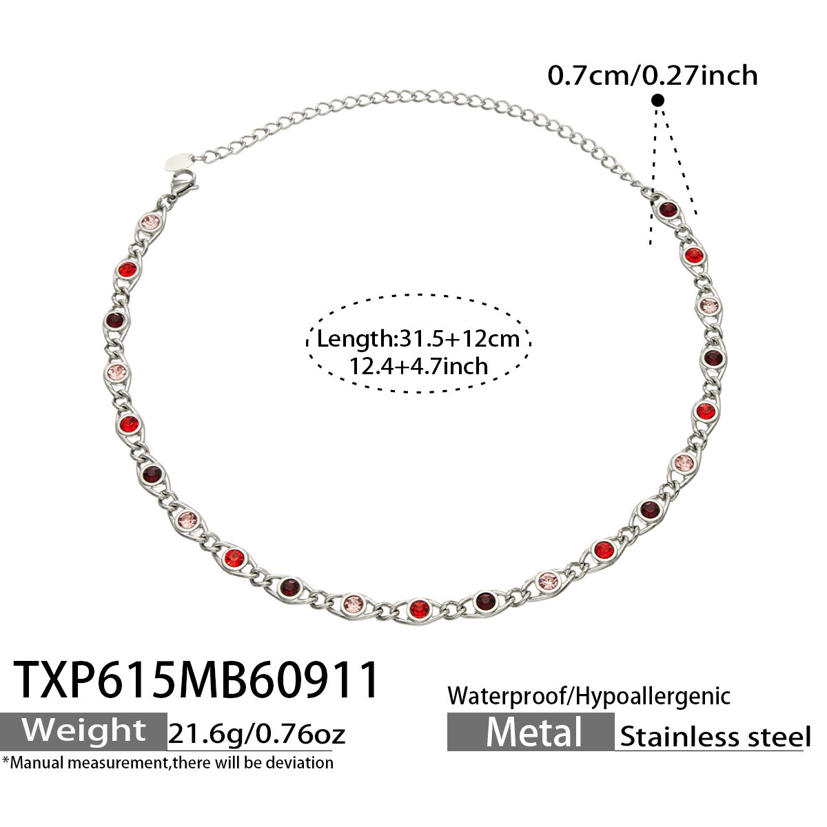 TXP615 red zircon steel necklace size details