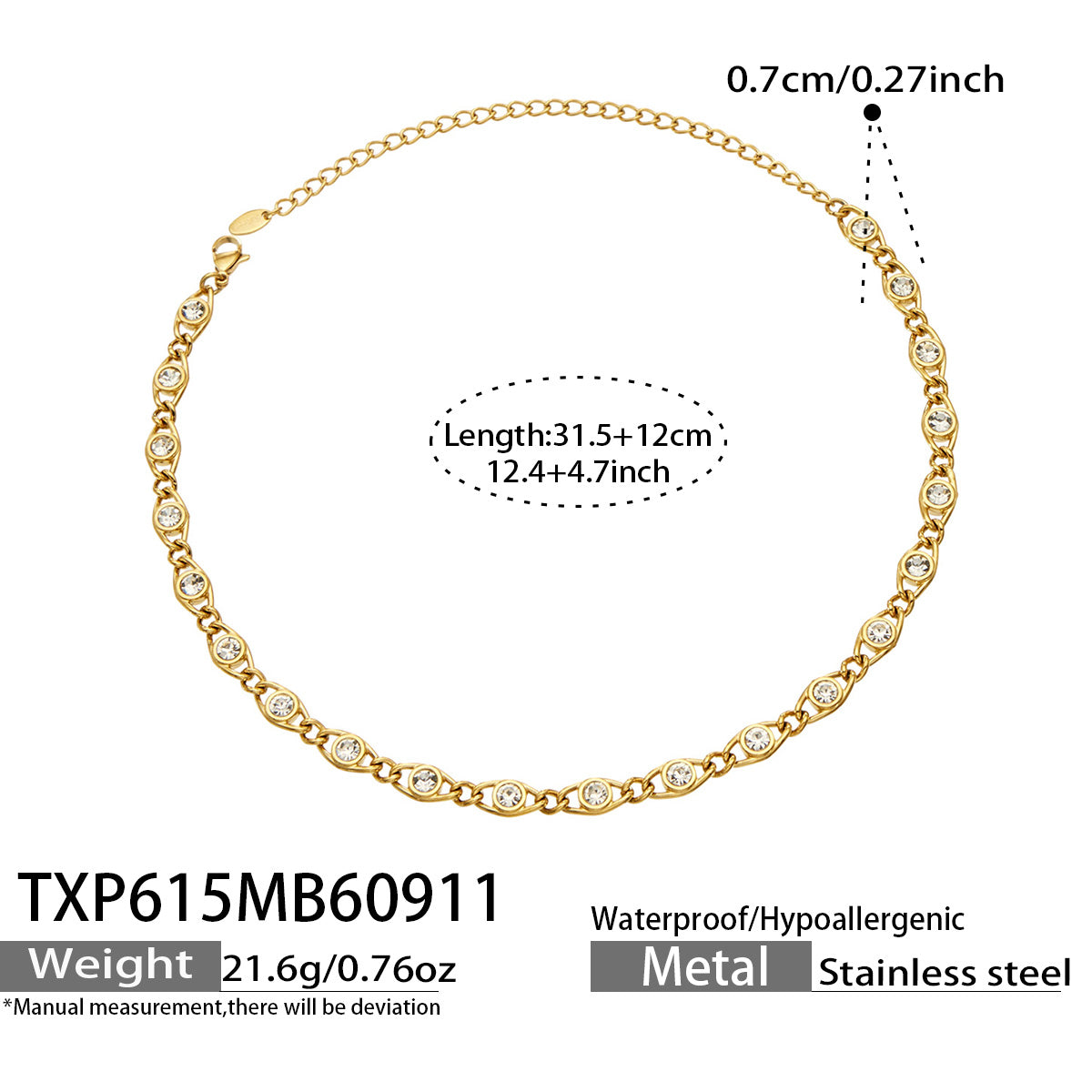 TXP615 white zircon gold necklace size details