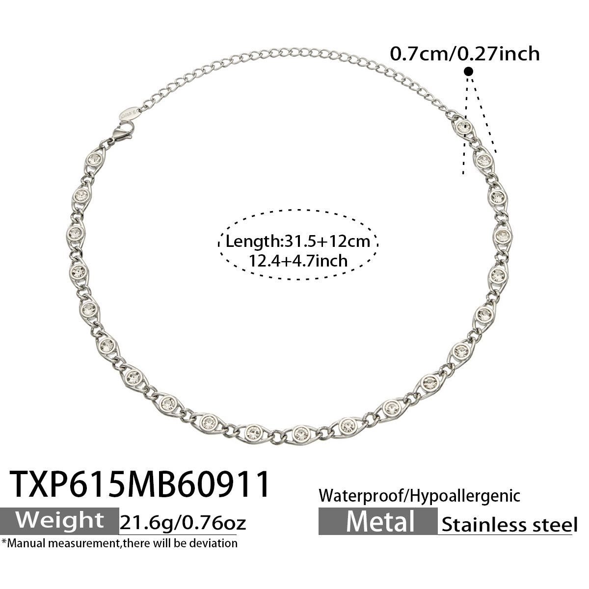 TXP615 white zircon steel necklace size details