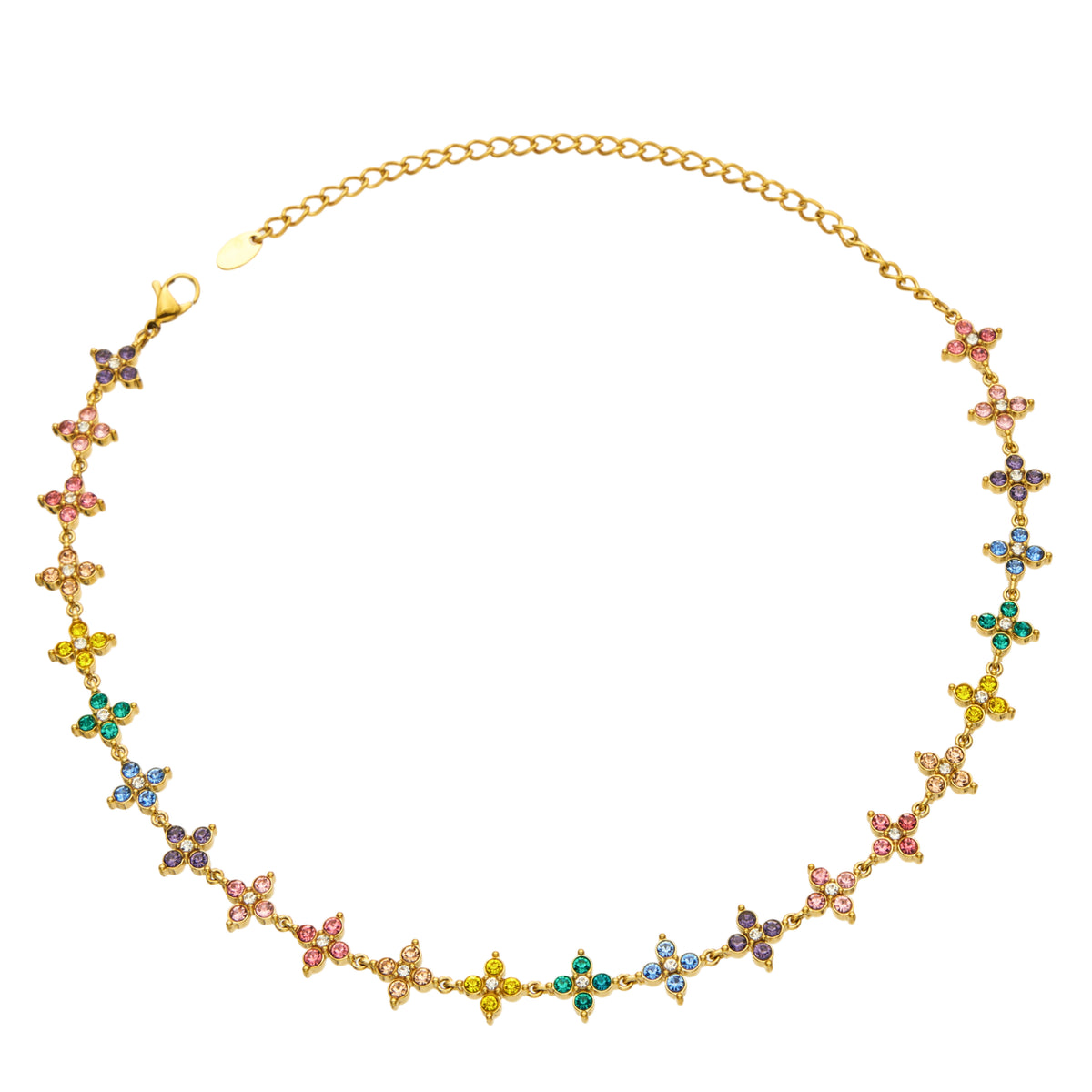 Gold Tone four-petal flower necklace with multicolor a zircon stones, TXP617