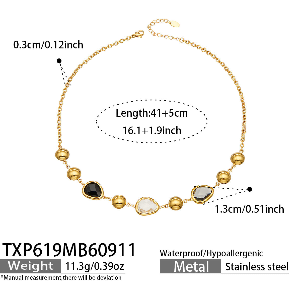 TXP619 black glass stone necklace size details