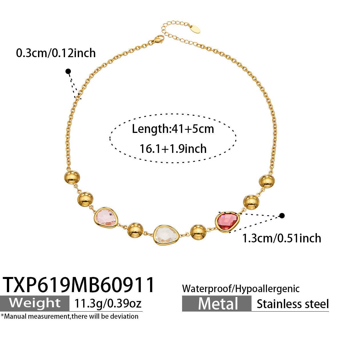 TXP619 pink glass stone necklace size details
