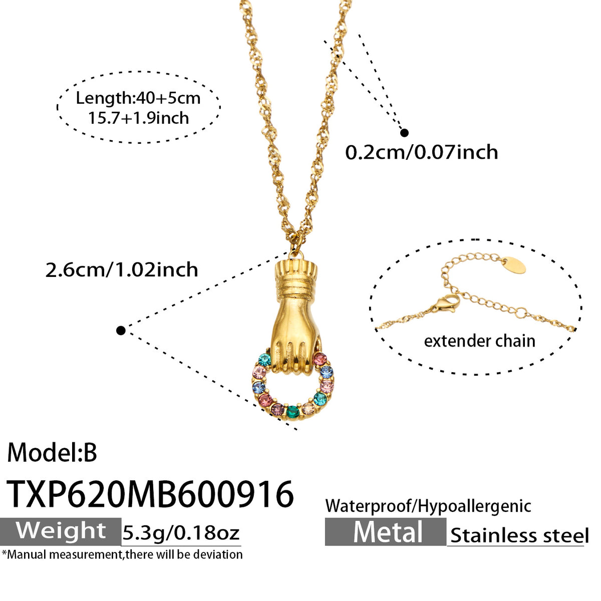 TXP620 Model B multicolor zircon pendant necklace with 40+5 cm length details