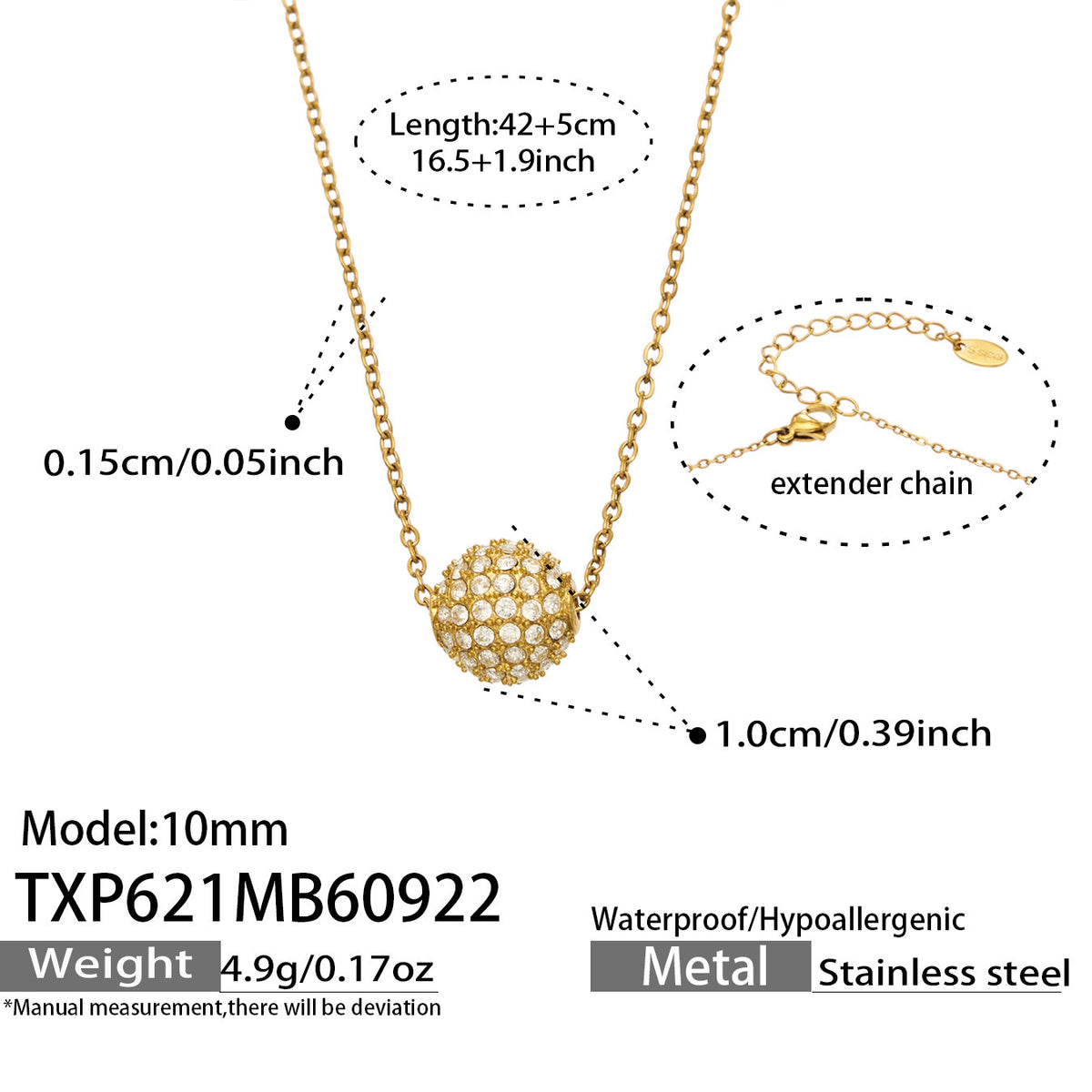TXP621 10 mm zircon ball necklace 42+5 cm size and product details