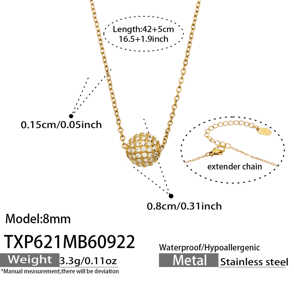 TXP621 8 mm zircon ball necklace 42+5 cm size and product details