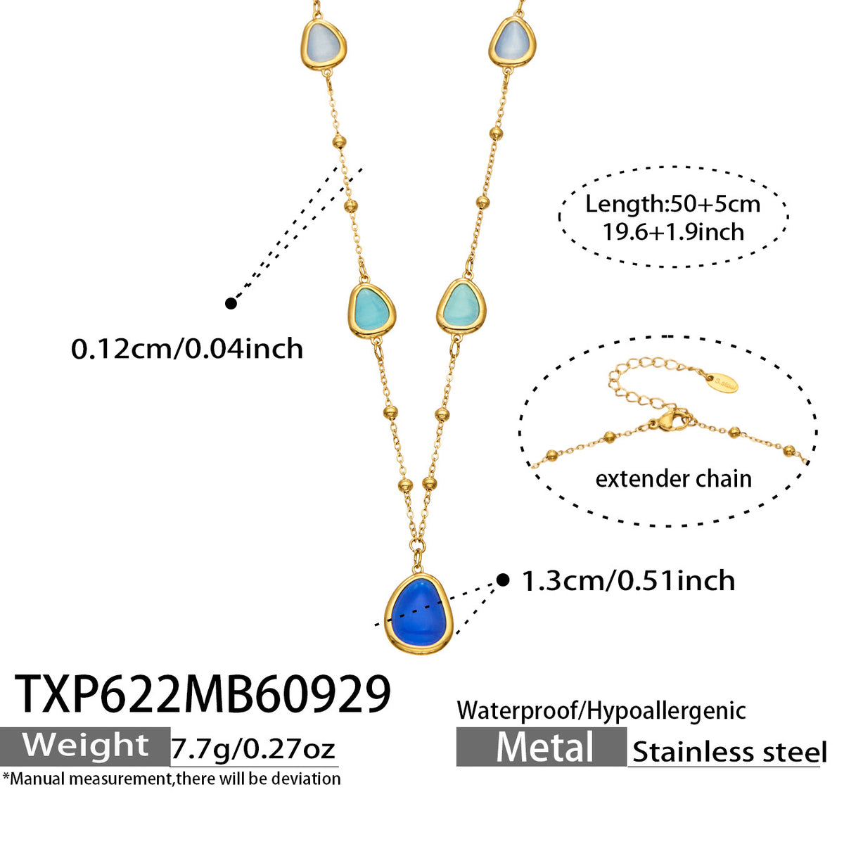 TXP622 blue cat eye necklace with 50+5 cm length and product specification details