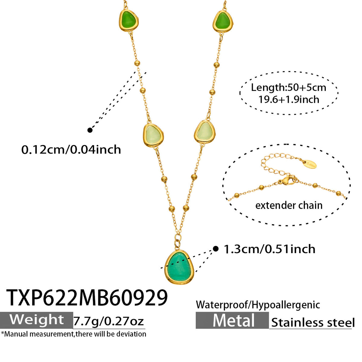 TXP622 green cat eye necklace with 50+5 cm length and product specification details
