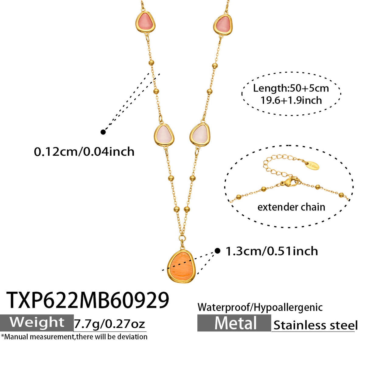 TXP622 orange cat eye necklace with 50+5 cm length and product specification details