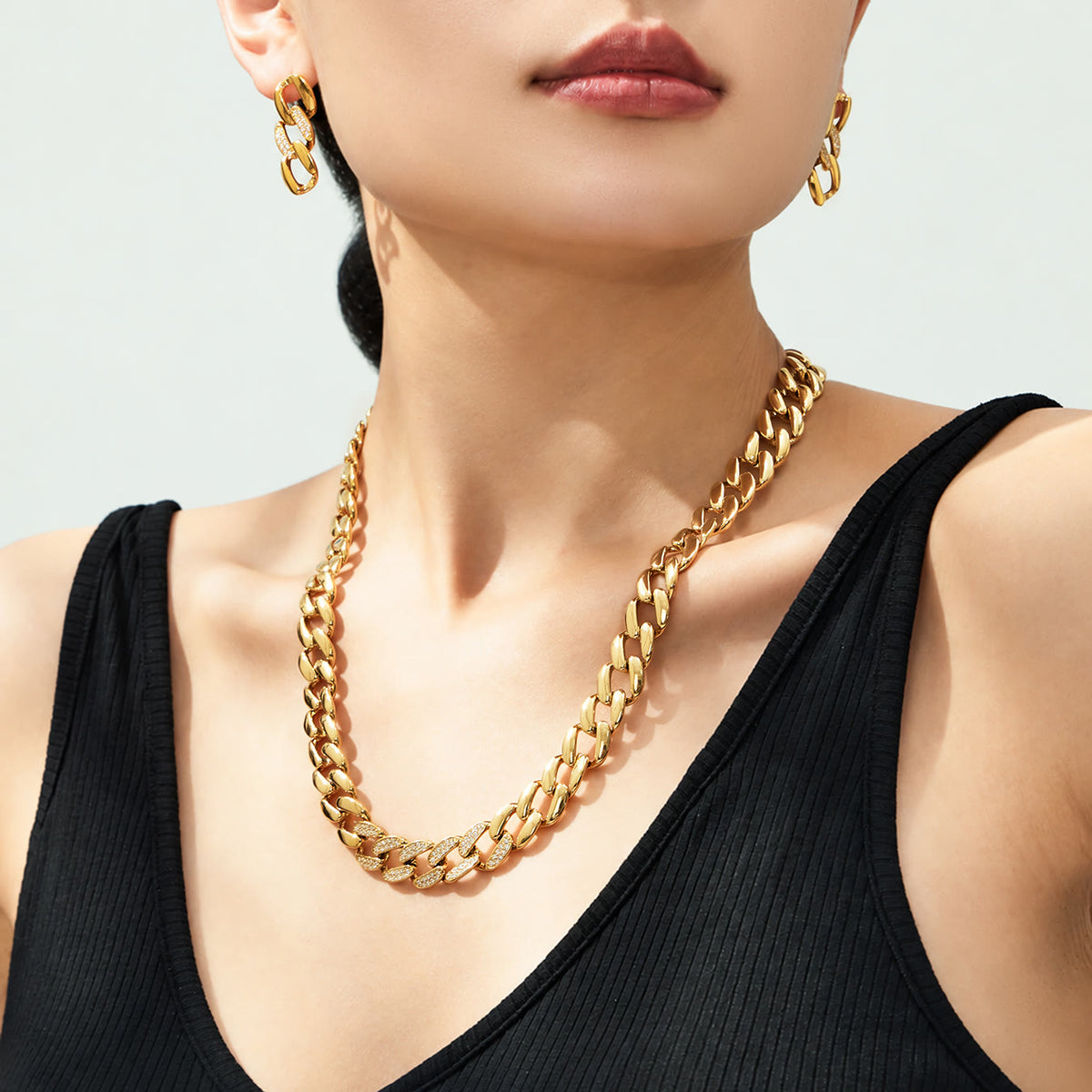 Miduoduo TXP628 Cuban Chain Necklace & Bracelet - Layered Model Wearing View 01