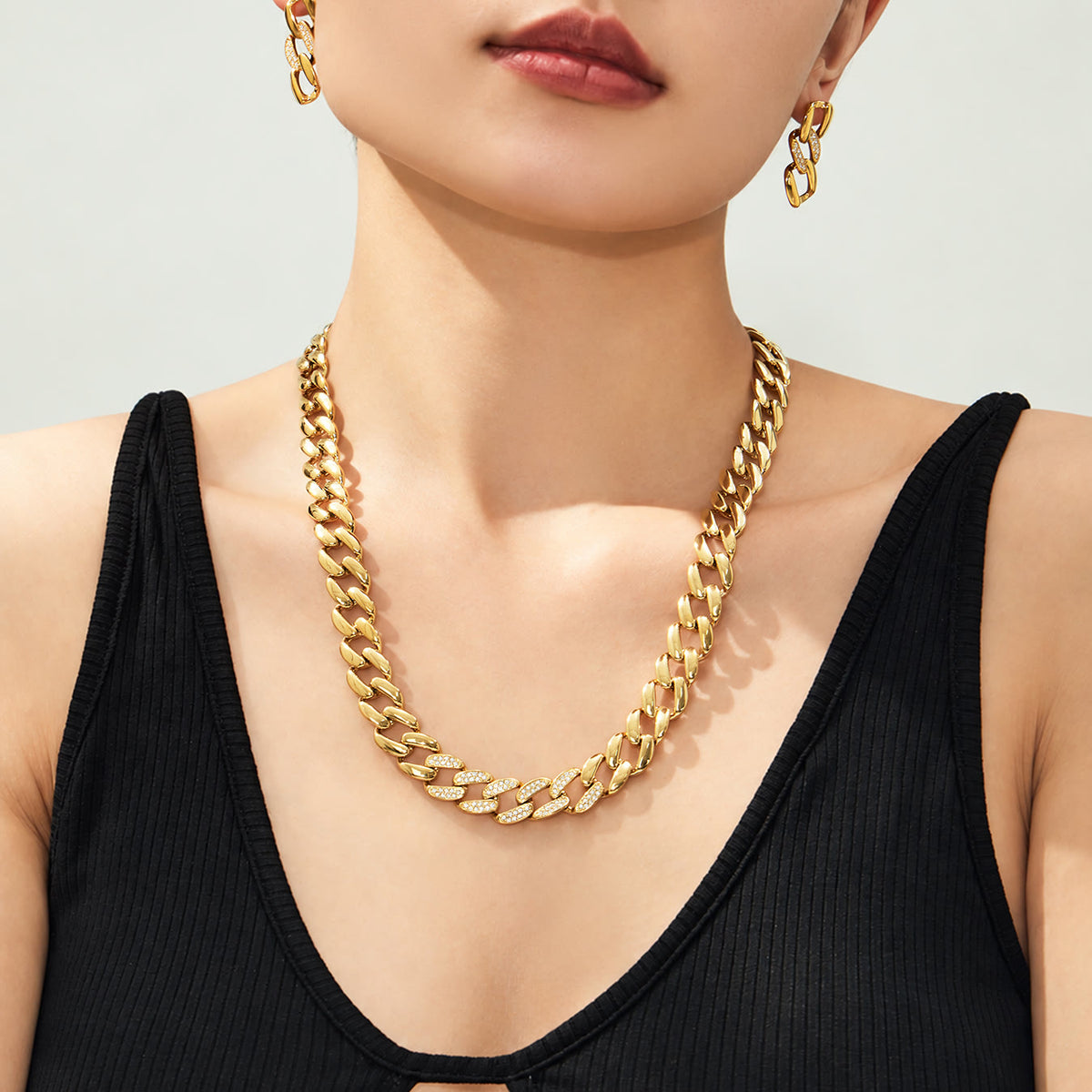 Miduoduo TXP628 Cuban Chain Necklace & Bracelet - Layered Model Wearing View 02