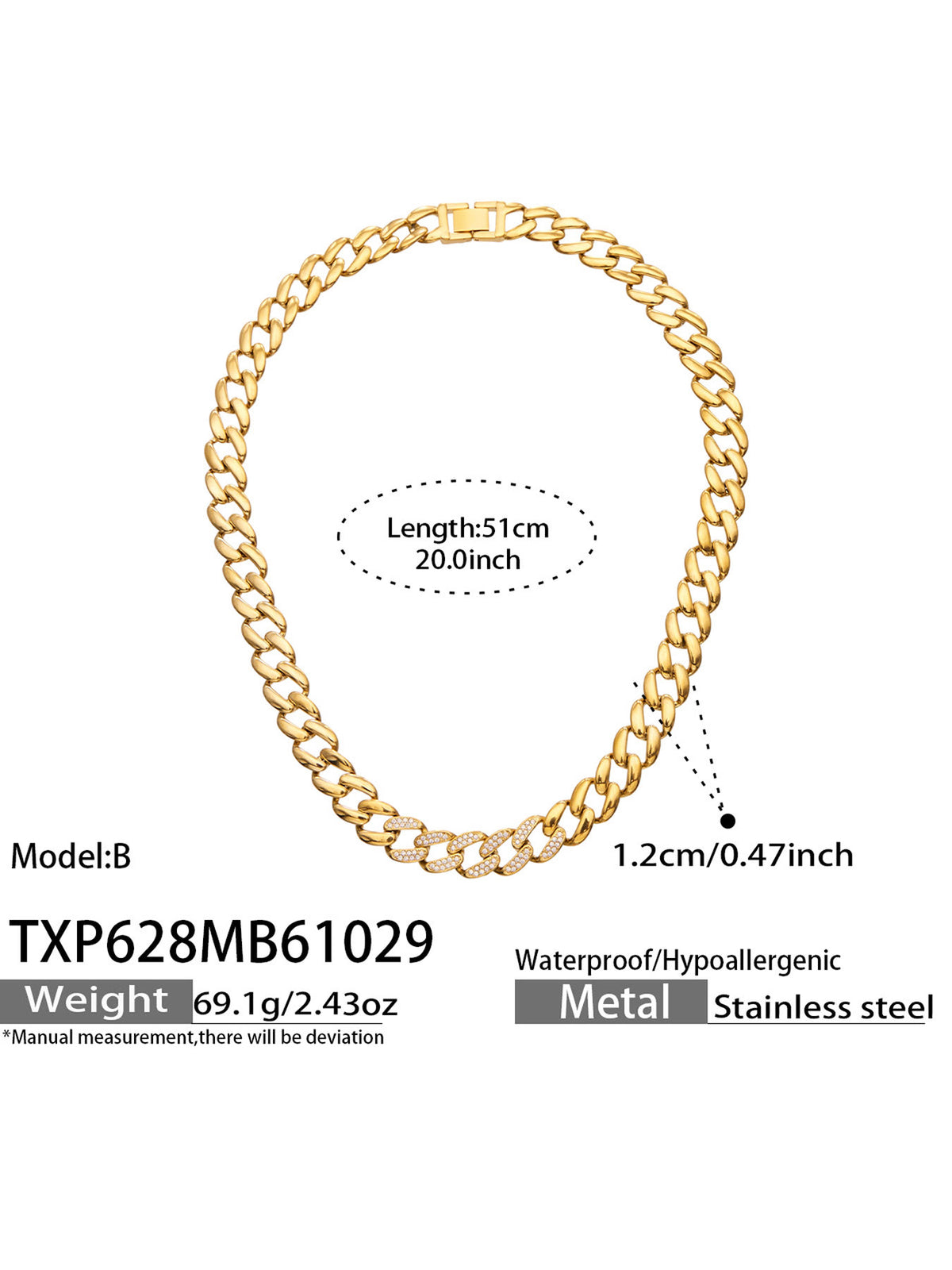 Miduoduo TXP628 Gold 40cm Choker Necklace Dimension & Weight Specs