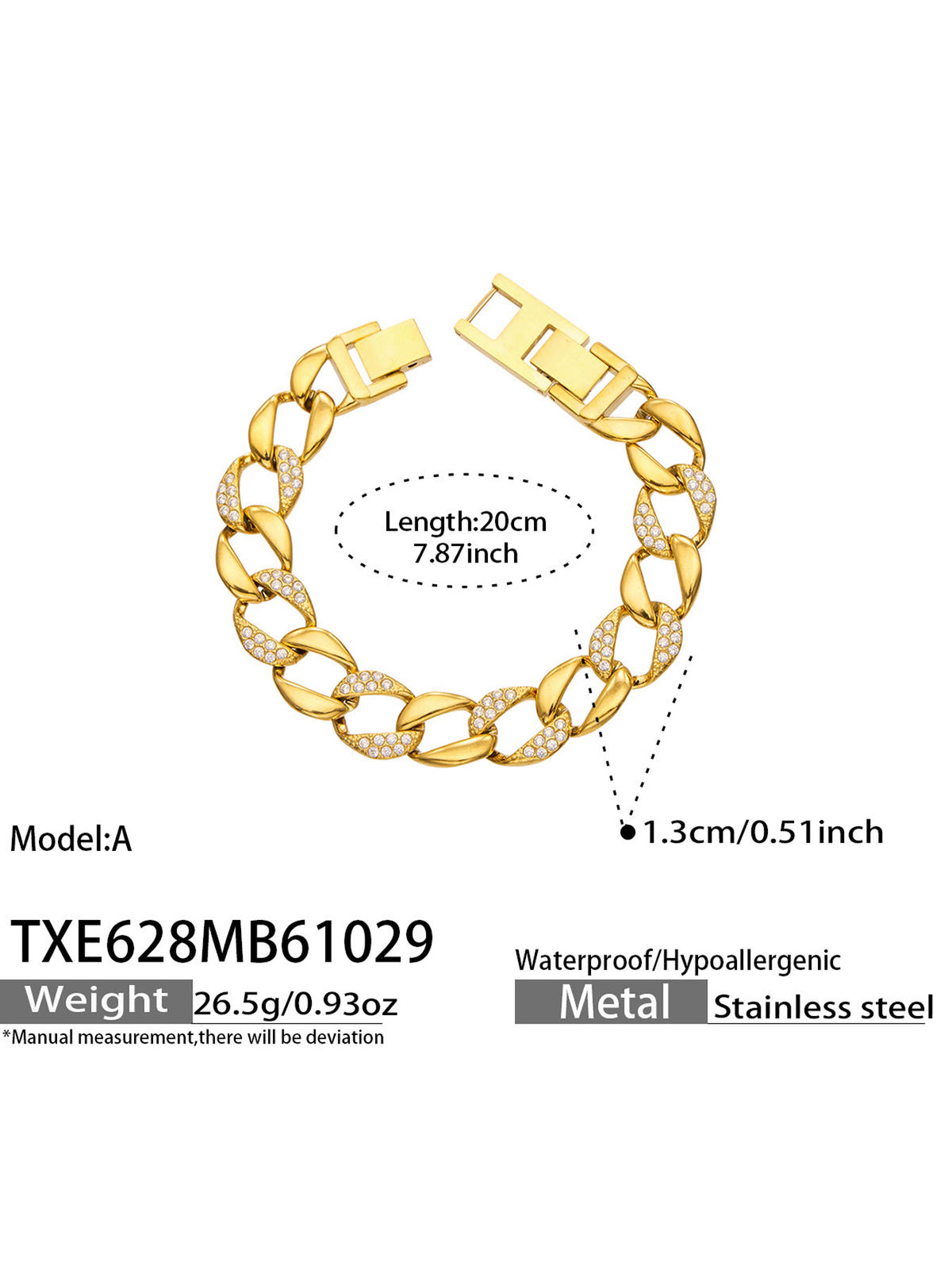 Miduoduo TXP628 Gold 50cm Chain & Bracelet Dimension & Weight Specs