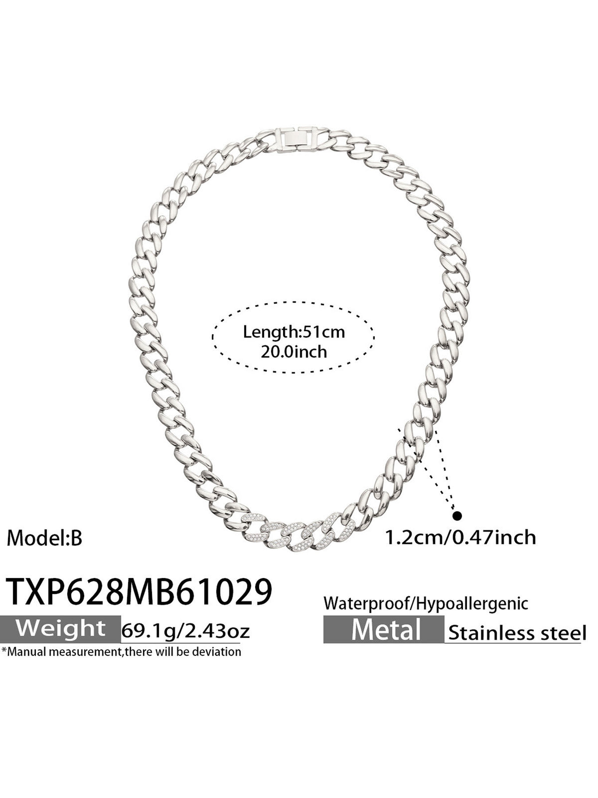 Miduoduo TXP628 Steel 40cm Choker Necklace Dimension & Weight Specs