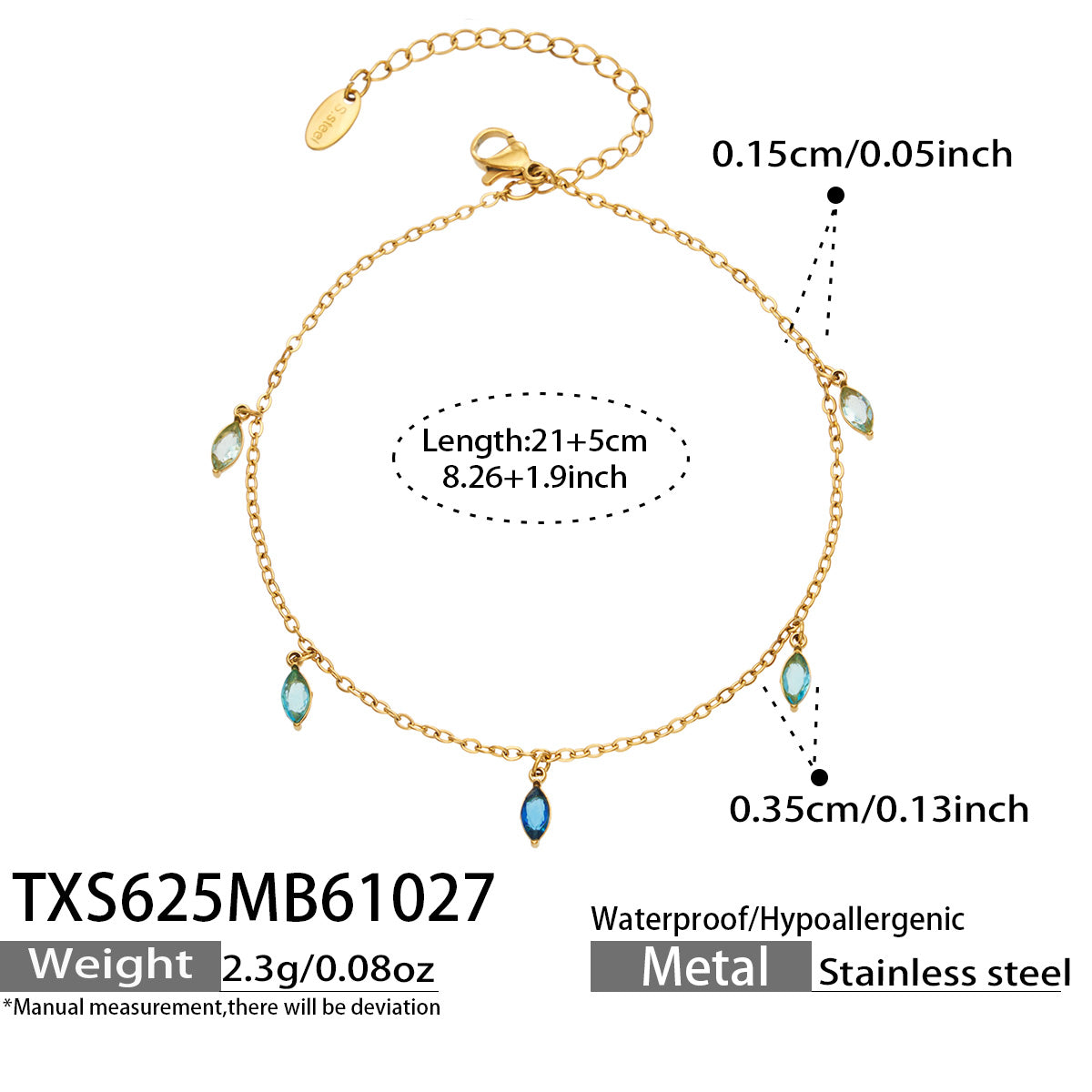 Size diagram for a gold-tone anklet with blue pointed teardrop charms, showing the 21 cm chain and 5 cm extender.