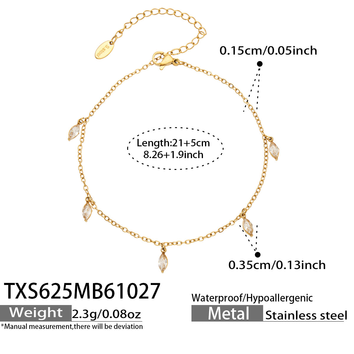 Size diagram for a gold-tone anklet with clear pointed teardrop charms, showing the 21 cm chain and 5 cm extender.