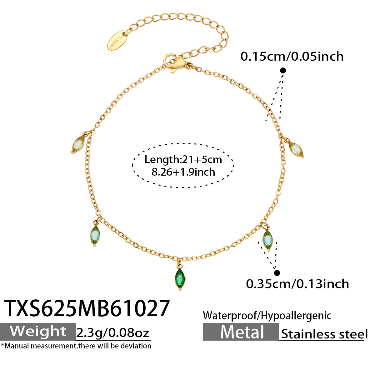 Size diagram for a gold-tone anklet with green pointed teardrop charms, showing the 21 cm chain and 5 cm extender.