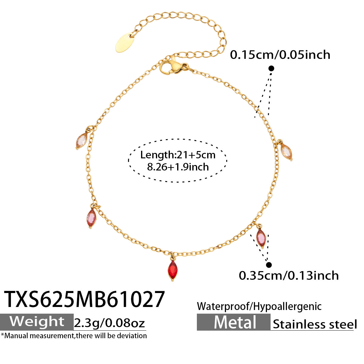 Size diagram for a gold-tone anklet with red pointed teardrop charms, showing the 21 cm chain and 5 cm extender.