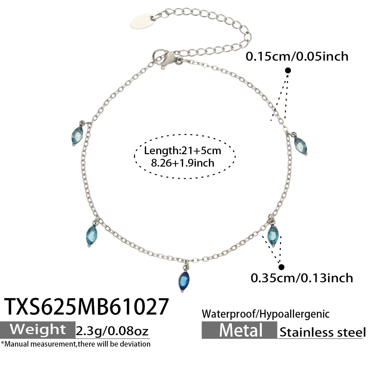 Size diagram for a steel-tone anklet with blue pointed teardrop charms, showing the 21 cm chain and 5 cm extender.