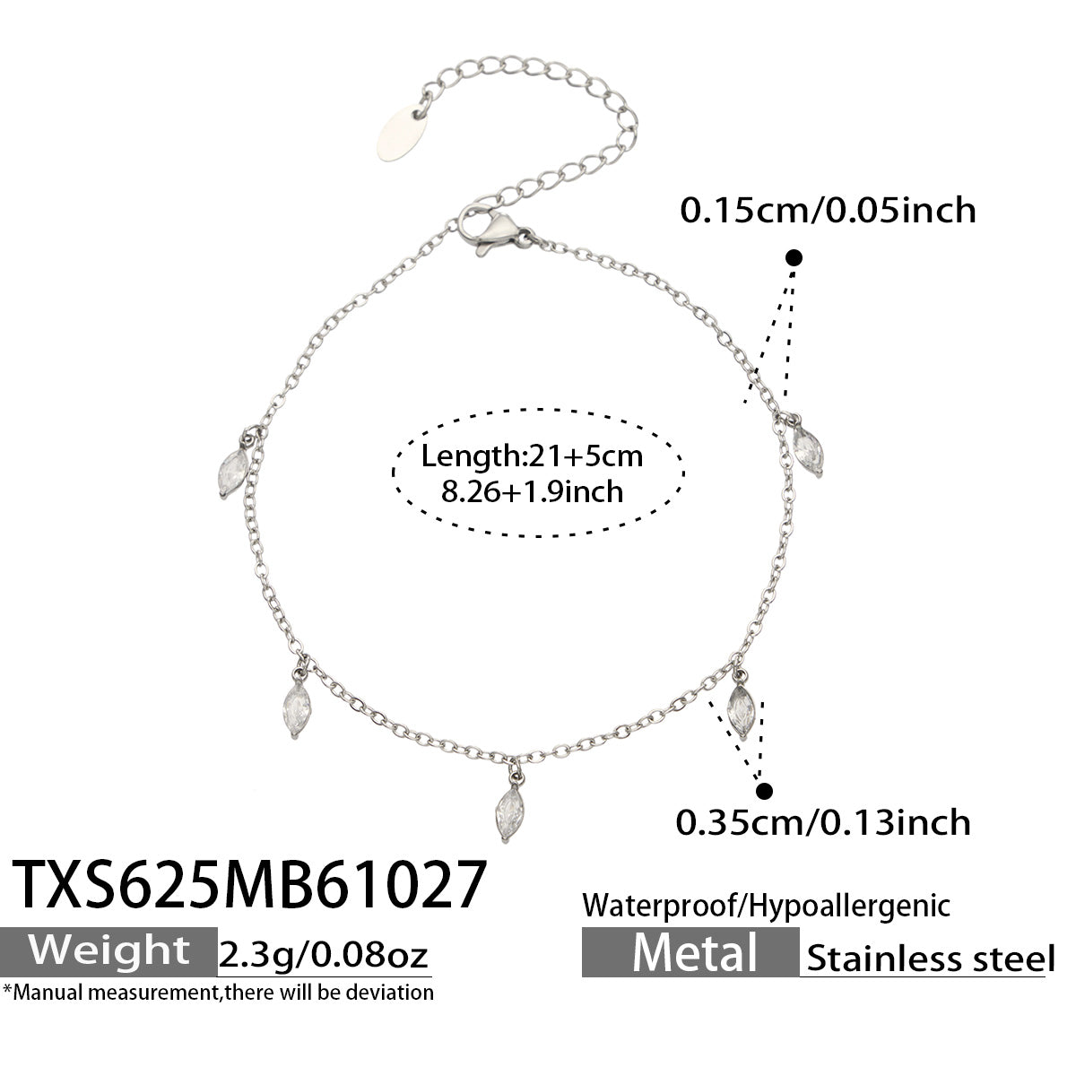 Size diagram for a steel-tone anklet with clear pointed teardrop charms, showing the 21 cm chain and 5 cm extender.