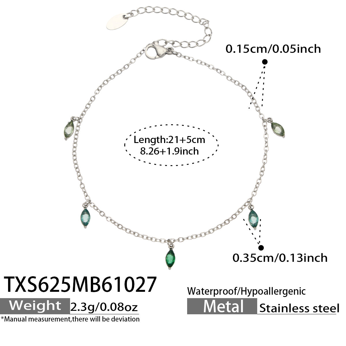 Size diagram for a steel-tone anklet with green pointed teardrop charms, showing the 21 cm chain and 5 cm extender.
