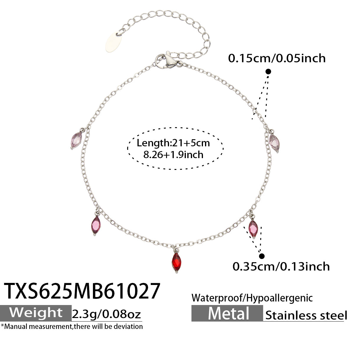 Size diagram for a steel-tone anklet with red pointed teardrop charms, showing the 21 cm chain and 5 cm extender.