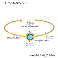 stainless steel open bangle, 18K gold plated, 6.0cm inner diameter, 1.0cm aqua round faceted Czech glass stone, weight 2.6g