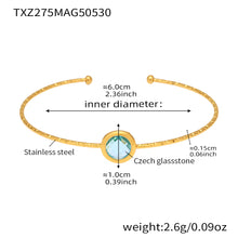 stainless steel open bangle, 18K gold plated, 6.0cm inner diameter, 1.0cm blue round faceted Czech glass stone, weight 2.6g