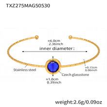 stainless steel open bangle, 18K gold plated, 6.0cm inner diameter, 1.0cm dark blue round faceted Czech glass stone, weight 2.6g