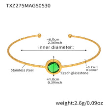  stainless steel open bangle, 18K gold plated, 6.0cm inner diameter, 1.0cm green round faceted Czech glass stone, weight 2.6g