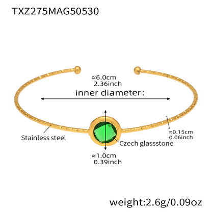  stainless steel open bangle, 18K gold plated, 6.0cm inner diameter, 1.0cm green round faceted Czech glass stone, weight 2.6g