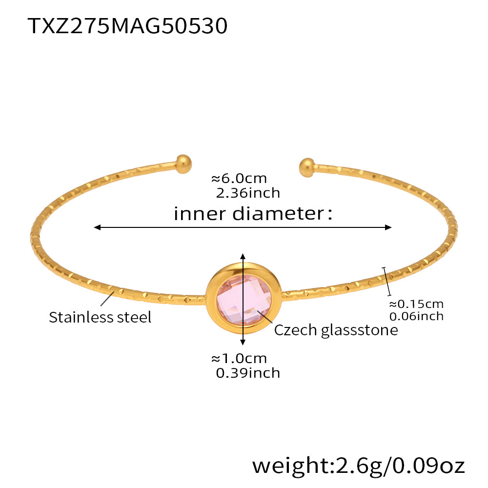 stainless steel open bangle, 18K gold plated, 6.0cm inner diameter, 1.0cm pink round faceted Czech glass stone, weight 2.6g