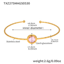 stainless steel open bangle, 18K gold plated, 6.0cm inner diameter, 1.0cm pink round faceted Czech glass stone, weight 2.6g