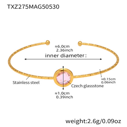 stainless steel open bangle, 18K gold plated, 6.0cm inner diameter, 1.0cm pink round faceted Czech glass stone, weight 2.6g