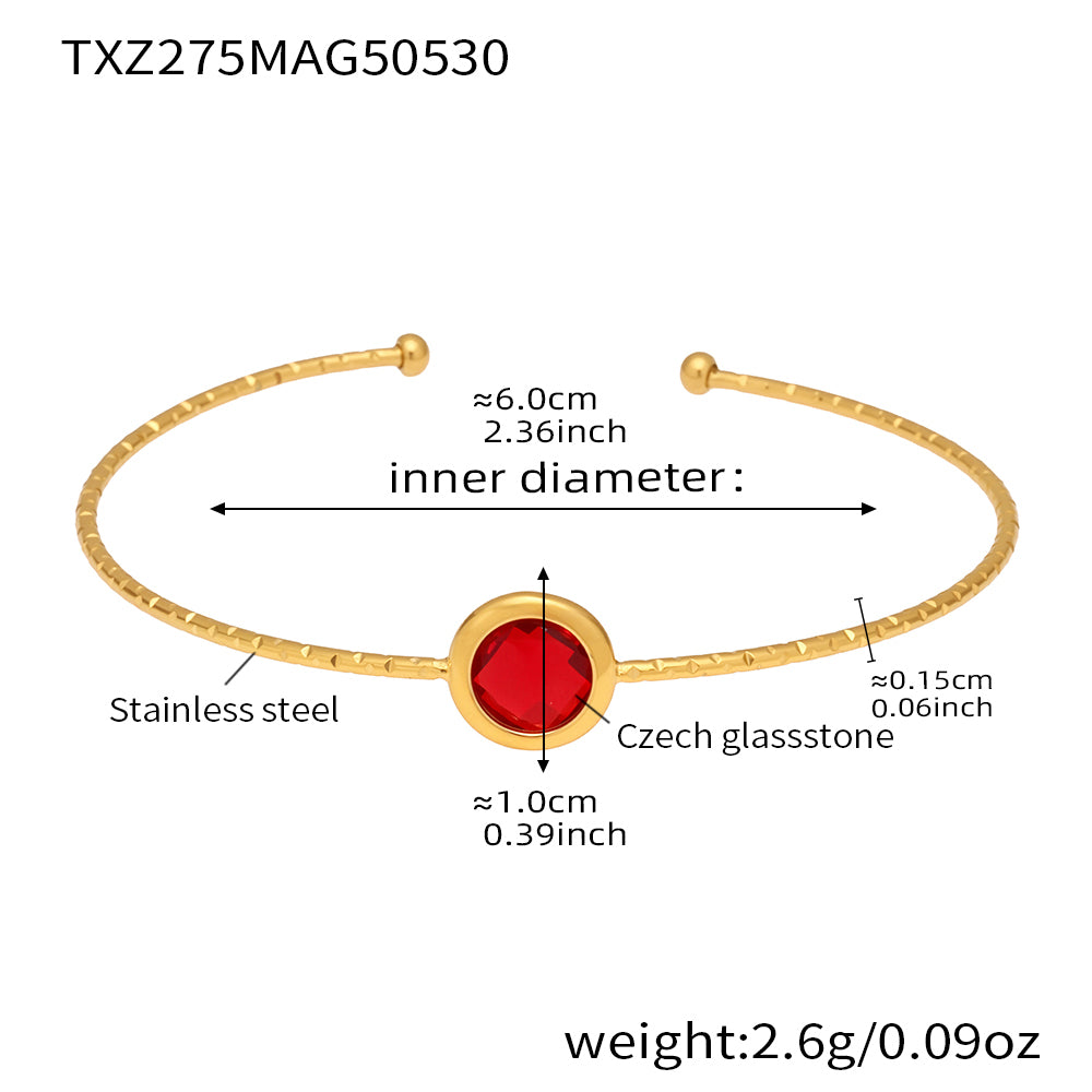 stainless steel open bangle, 18K gold plated, 6.0cm inner diameter, 1.0cm red round faceted Czech glass stone, weight 2.6g