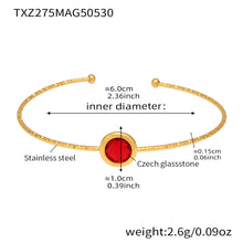 stainless steel open bangle, 18K gold plated, 6.0cm inner diameter, 1.0cm red round faceted Czech glass stone, weight 2.6g