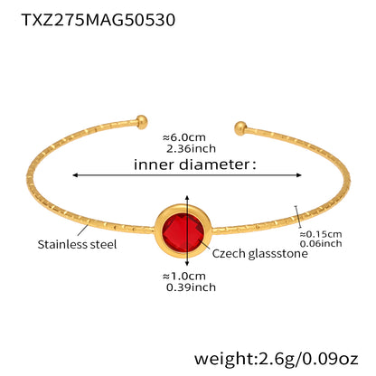 stainless steel open bangle, 18K gold plated, 6.0cm inner diameter, 1.0cm red round faceted Czech glass stone, weight 2.6g