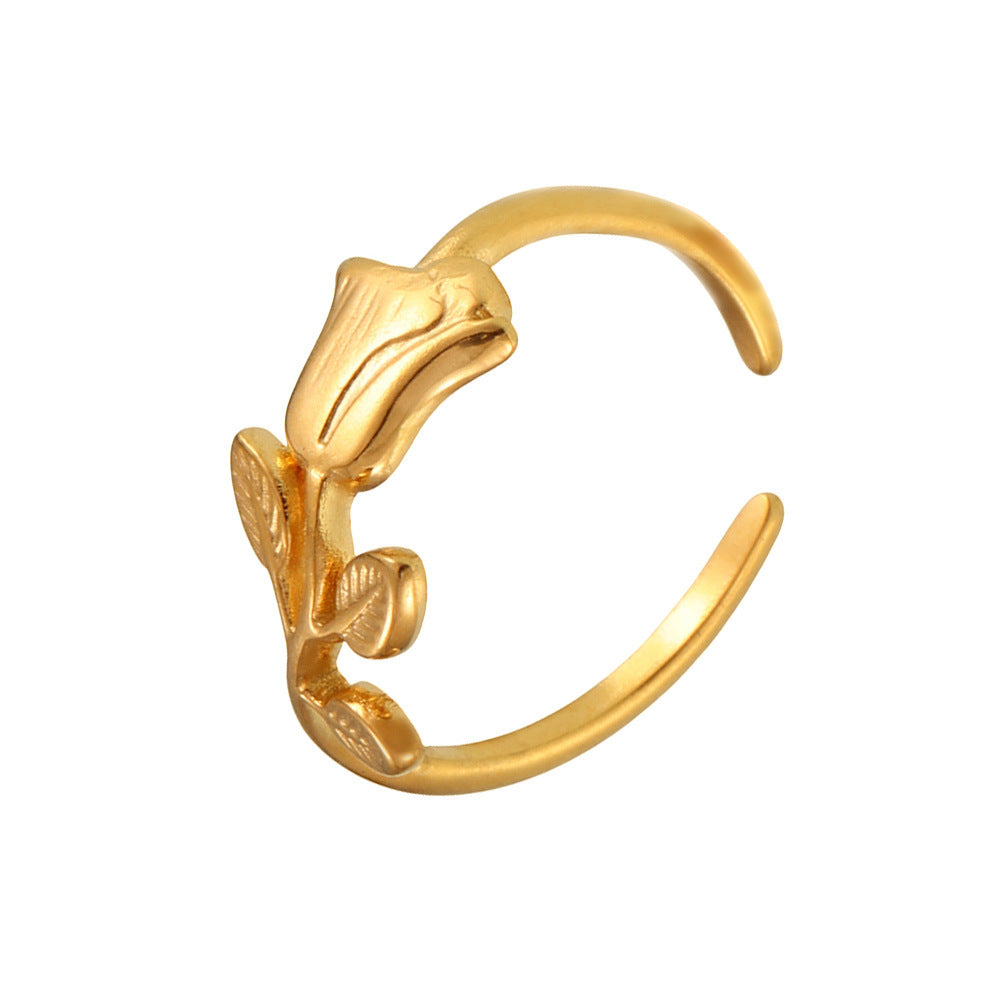 Gold-tone stainless steel vintage rose open ring with sculptural floral detail