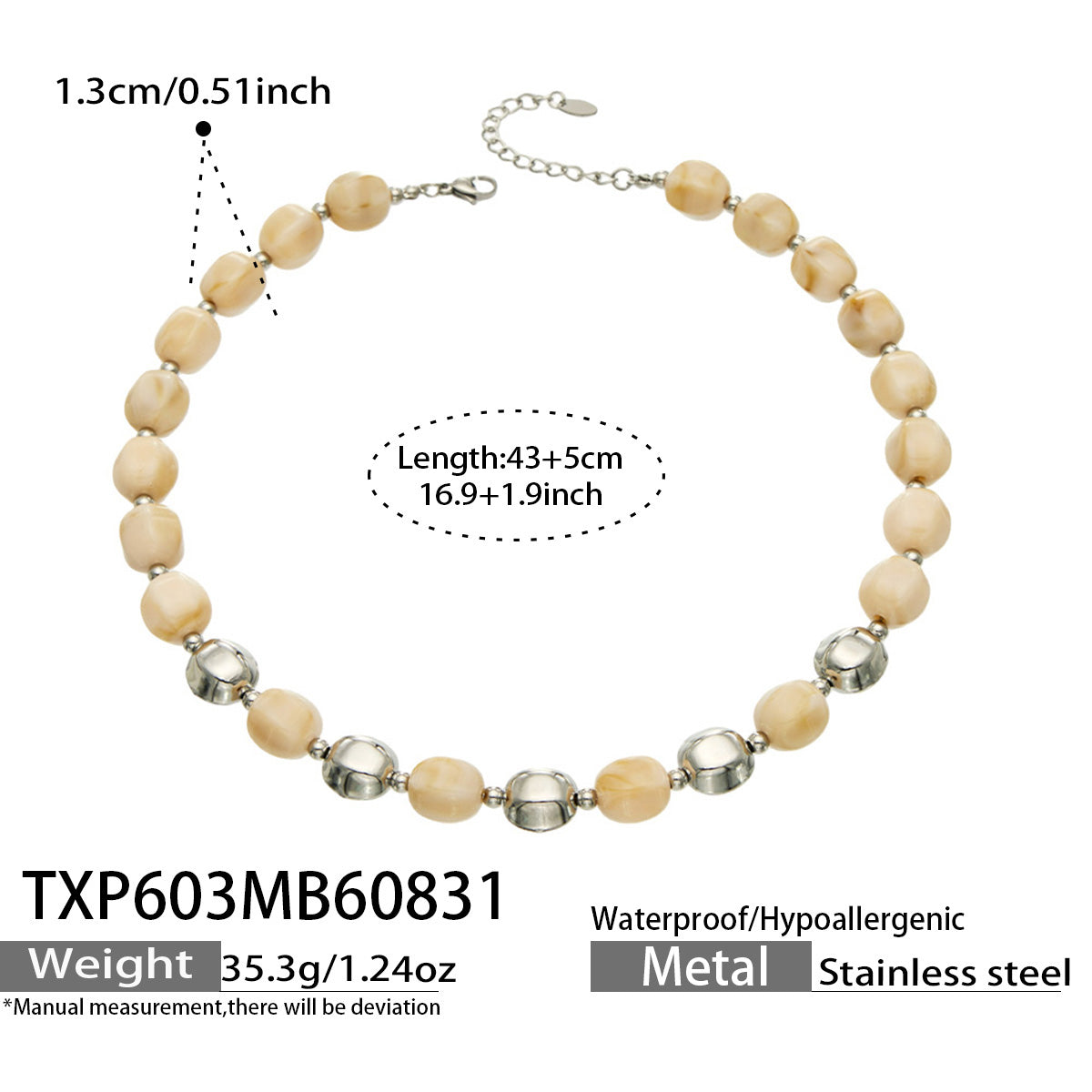 Specification card for a warm beige resin bead necklace with stainless steel accent beads.